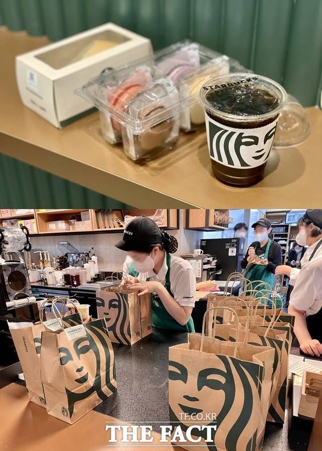 스타벅스는 배달 도중 음료가 새는 것을 방지하기 위해 컵을 밀봉해 배달한다. 사진은 밀봉 상태의 음료와 푸드(위) 모습과 배달 준비가 한창인 내부 모습. /역삼=이민주 기자