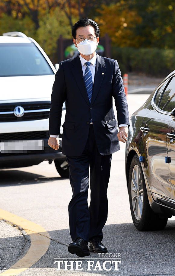 정치자금법 위반 의혹 등으로 체포영장이 발부된 정정순 더불어민주당 의원이 지난 10월 31일 충북 청주시 서원구 청주지검에 출석하는 모습. /임영무 기자