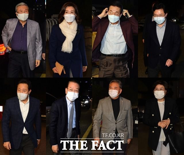'야권 단일화'는 이번 보선의 최대 관전 포인트다. 지난해 11월 2일 서울시장 선거 전략 논의를 위해 모인 국민의힘 중진들. (사진 윗줄 왼쪽부터 시계방향으로)김종인 비상대책위원장, 나경원, 김성태, 김용태, 이혜훈, 박진, 권영세, 오세훈. /이새롬 기자