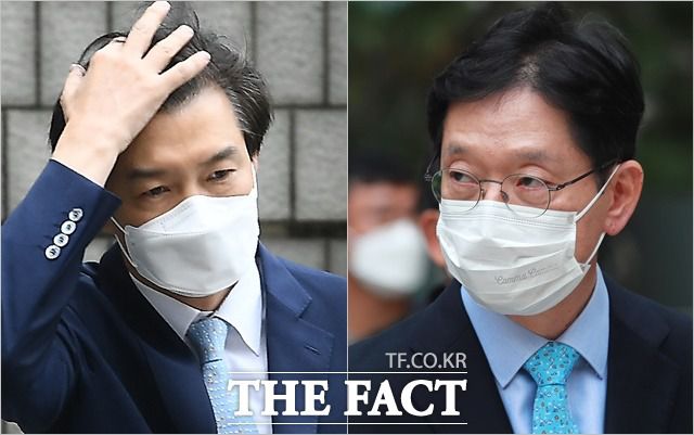 조국 전 법무부 장관(왼쪽)은 자녀 입시비리, 사모펀드 의혹 등으로 아내 정경심 씨가 1심에서 실형을 선고받고 법정 구속됐고, 본인도 관련한 재판을 앞두고 있다. 김경수 경남지사는 드루킹 댓글조작 사건으로 1·2심에서 실형을 선고받고 상고심을 신청했다. /이동률 기자