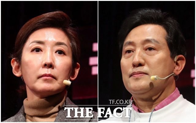 4·7 서울시장 재·보궐선거에 출마한 나경원·오세훈 국민의함 예비후보가 첫 토론회에서 각각 과거 원내대표 시절 책임과 서울시장직 사퇴 문제를 두고 충돌했다. /국회사진취재단