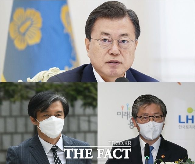 2년 전 청와대 국민청원 게시판에 올라온 'LH 관계자 신도시 투기 의혹에 대한 전수조사'를 청와대가 제대로 대처하지 않아 작금의 LH 사태가 발생한 것으로 보인다. 위에서부터 시계방향으로 문재인 대통령, 변창흠 국토부 장관, 조국 전 민정수석. /청와대, 국회사진취재단, 이동률 기자