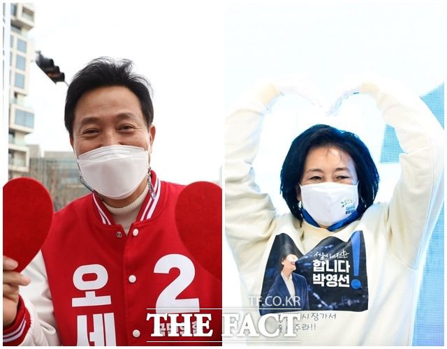 4·7 재보궐선거 공식 선거운동 첫 주말인 27일 박영선 더불어민주당(오른쪽), 오세훈 국민의힘 서울시장 후보의 유세전은 치열했다. 다만 박 후보는 정청래 의원의 코로나19 확진자 접촉으로 오후 유세를 중단하기도 했다. /박영선·오세훈 캠프 제공