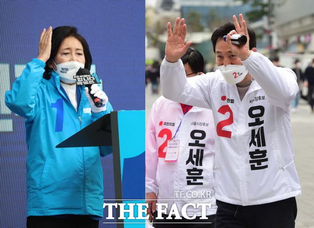 박영선 (왼쪽)더불어민주당 서울시장 후보가 선거 유세에서 잇따른 돌발변수로 어려움을 겪고 있다. 반면 오세훈 국민의힘 후보는 2030 아젠다를 선점하는 등 과거 보수진영과는 다른 모습을 보여 눈길을 끈다. 2일 상반된 선거전을 펼치는 두 후보의 모습. /이새롬 기자