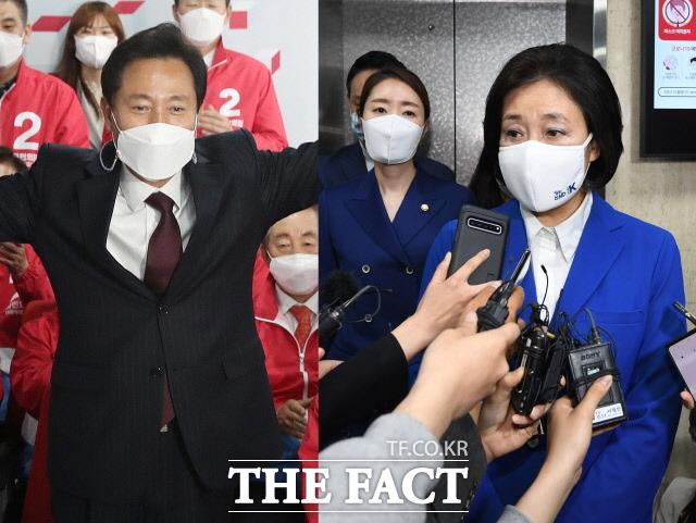 4·7 재·보궐선거를 둘러싼 정치권의 분석이 쏟아지는 가운데 선거 유세 현장을 경험한 여야 관계자들의 성토가 이어졌다. 지난 8일 개표상황실에서 기뻐하는 오세훈 서울시장(왼쪽)과 박영선 더불어민주당 후보. /이새롬·남윤호 기자