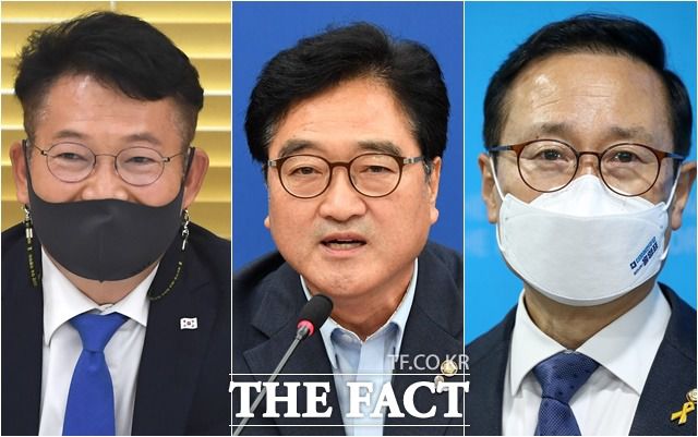 내년 대선과 지방선거를 진두지휘할 더불어민주당 차기 당대표 후보가 15일 확정된다. 후보자들은 벌써부터 부동산 정책 등을 두고 입장차를 보였다. 왼쪽부터 송영길, 우원식, 홍영표(왼쪽부터) 당 대표 후보. /이새롬·남윤호 기자