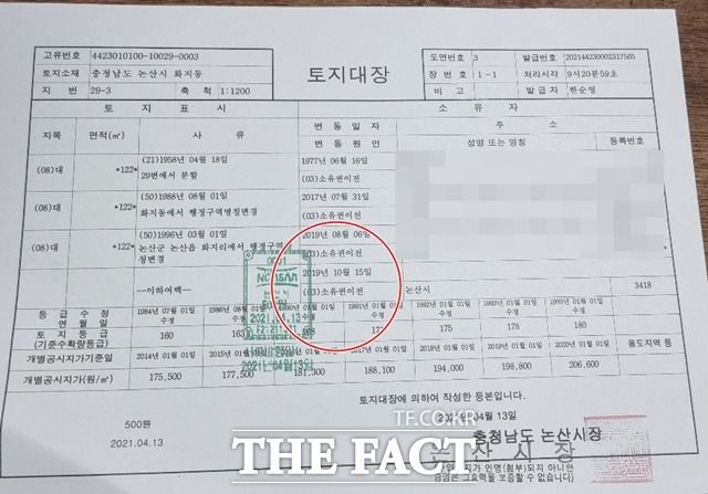 논산시청 임기제 공무원이 도시재생 뉴딜 사업 정보를 대학 교수에게 사전 유출했다는 의혹이 제기된 해당 부지 토지대장 / 논산=이병렬기자