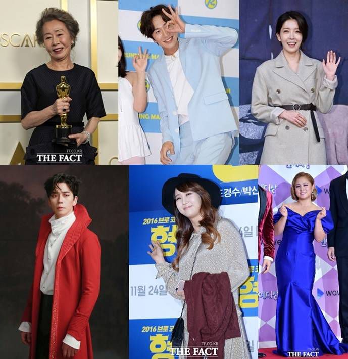 윤여정이 한국 배우 최초로 아카데미 여우조연상을 수상해 세계의 관심을 받고 있다. 이광수와 정인선은 긴 세월 활약했던 SBS 간판 예능 프로그램에서 하차하면서 응원의 메시지를 받고 있고, 신성록 조향기 등이 코로나19에 확진되며 안타까움을 자아내고 있다. 성희롱 논란을 일으킨 박나래는 국민신문고에 접수된 고발장에 따라 경찰 조사를 받을 전망이다. /더팩트DB, AP.뉴시스, 오디컴퍼니 제공