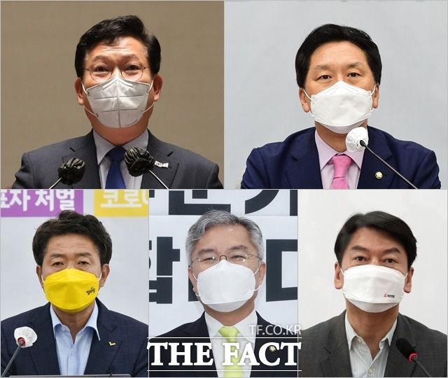 왼쪽 위에서부터 시계방향으로 26일 청와대에서 문재인 대통령과 오찬 간담회를 하는 송영길 더불어민주당 대표, 김기현 국민의힘 대표 권한대행, 안철수 국민의당·최강욱 열린민주당·여영국 정의당 대표(왼쪽부터). /이선화·남윤호 기자