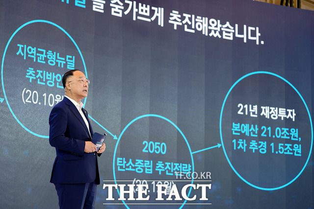 홍남기 경제부총리 겸 기획재정부 장관이 14일 청와대 영빈관에서 열린 제4차 한국판 뉴딜 전략회의에서 '한국판 뉴딜 2.0'에 대해 보고하고 있다. /청와대 제공