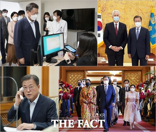 문재인 대통령은 지난 15일 오전 9시 (왼쪽 위에서부터 시계방향으로) 코로나19 백신 추가 접종 후 '윌리엄 번즈 미국 중앙정보국장 접견', '주한 상주대사 신임장 제정식', '기시다 후미오 일본 총리와의 첫 정상통화' 일정을 정상적으로 소화했다. /청와대 제공