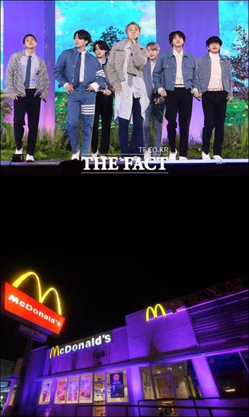 더팩트가 주최하고 팬앤스타(FAN N STAR)가 주관하는 '2021 TMA'가 2일 오후 인천 중구 파라다이스시티 플라자에서 열려 그룹 방탄소년단(BTS)이 화려한 무대를 펼치고 있다. 아래는 보라색 조명으로 꾸민 미국 맥도날드 매장. /이동률 기자, 맥도날드 공식 트위터 캡처