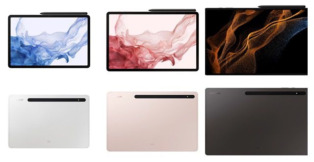 '갤럭시탭S8'과 '갤럭시탭S8+', '갤럭시탭S8울트라'(왼쪽부터)의 전·후면 디자인. /삼성전자 제공