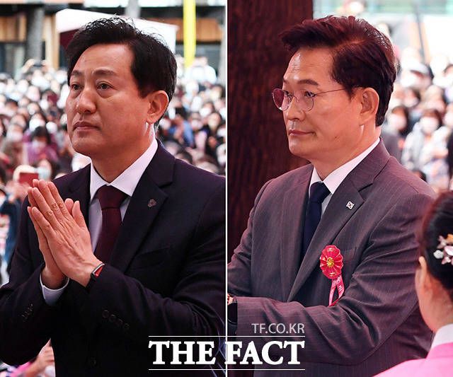 이날 조계사에서 열린 봉축 법요식에는 국민의힘 서울시장 후보인 오세훈 서울시장과 더불어민주당 후보인 송영길 후보가 함께 참석했다. /인수위사진기자단
