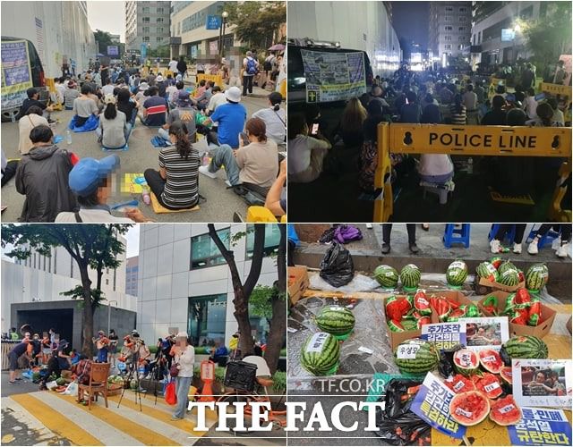 더불어민주당 일부 지지자 200여명은 '전당대회 룰'과 관련해 지난 5일 민주당 중앙당사 앞에서 시위했다. /박숙현 기자