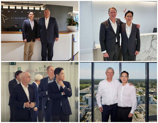 이재용 부회장은 지난해 11월 누바 아페얀 모더나 공동 설립자 겸 이사회 의장과 한스베스트베리 버라이즌 최고경영자를 만나 협력 방안을 모색한 데 이어 지난 6월에는 피터 베닝크 ASML 최고경영자, 루크 반 덴 호브 imec 최고 경영자와 만나 미래 기술에 관해 논의하는 등 분주한 행보를 이어왔다.(왼쪽 위부터 시계방향) /삼성전자 제공