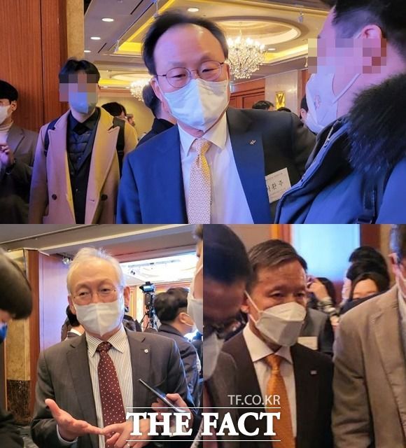 3일 서울 소공동 롯데호텔에서 열린 '2023년 범금융 신년인사회'에 참석한 금융권 수장들은 올해 '리스크 관리'에 힘쓸 것이라고 입을 모았다. (왼쪽부터 반시계 방향) 이환주 KB라이프생명 대표이사, 정영채 NH투자증권 대표, 최현만 미래에셋회장. /정소양 기자