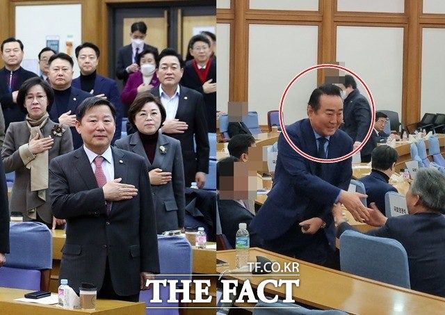 국민의힘 현역 의원들로 구성된 공부 모임 '국민공감'이 지난 15일 네 번째 모임(왼쪽 사진)을 가진 가운데, 이영수 새로운 미래를 준비하는 모임 회장(오른쪽, 붉은 원)이 이곳을 찾아 눈길을 끌었다. /뉴시스, 김정수 기자