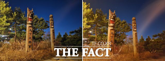 갤럭시S23 울트라(왼쪽)로 찍은 사진은 저조도 환경에서도 빛번짐 없이 피사체의 밝은 부분과 어두운 부분을 잘 구분해낸 반면, 갤럭시Z플립4로 찍은 사진은 동일한 환경에서 촬영했음에도 빛번짐이 발생했다. /최문정 기자