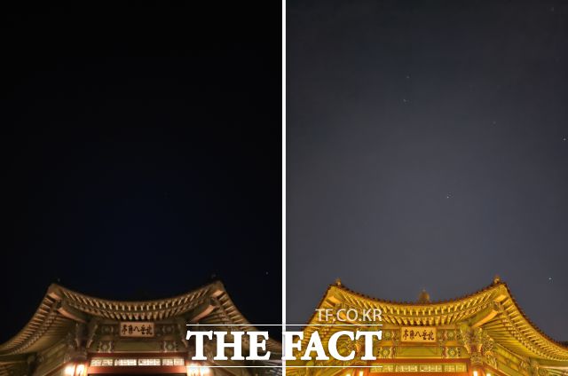 갤럭시S23 울트라의 '엑스퍼트 RAW' 기능을 사용하면 마치 DSLR 카메라를 사용하는 것처럼 ISO·셔터속도·화이트밸런스를 사용자가 직접 조절할 수 있다. 사진은 갤럭시S23 울트라 엑스퍼트RAW 모드로 촬영한 북악팔각정(왼쪽)과 일반 모드로 촬영한 북악팔각정의 모습. /최문정 기자