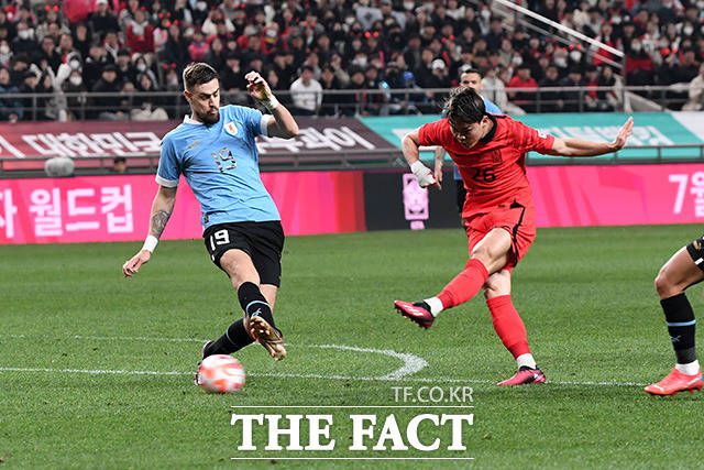 클린스만호에서 2경기 연속 후반 교체멤버로 나선 오현규는 조규성과 황의조의 대체 카드로 성장할 수 있는 가능성을 보이며 호평을 받았다./서울월드컵경기장=남용희 기자