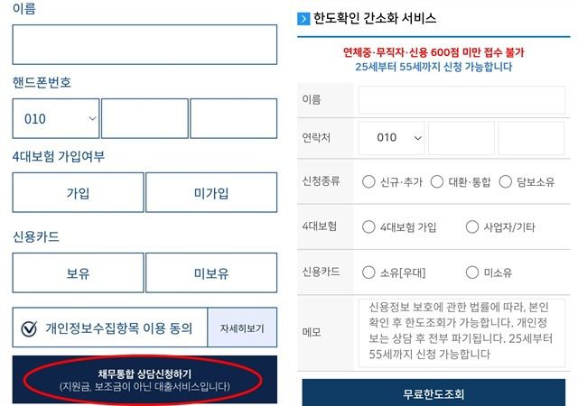 정부 기관을 사칭하는 링크에 들어가면 대부업체 또는 저축은행 대출을 권유하는 상담신청서 화면이 나온다. 상담신청서에는 정부지원이라는 광고 문구와 달리 '지원금, 보조금이 아닌 대출서비스입니다'라는 안내 문구가 보였다. /페이스북 화면 캡쳐