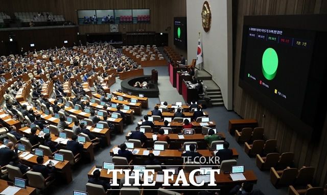 지난 25일 오후 국회 본회의에서 '국회의원의 가상자산 자진신고 및 조사에 관한 결의안'이 압도적인 찬성률로 가결되고 있다. /뉴시스