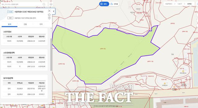 LH에서 운영하는 ‘시리얼(SEE:REAL)’을 보면 ‘서울 도봉구 방학동 산80-2’는 임야 2만 4166㎡ 면적의 국유지로 나온다.