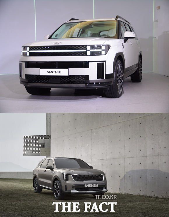 현대자동차 중형 스포츠유틸리티차량(SUV) '디 올 뉴 싼타페'(위)와 기아 '더 뉴 쏘렌토'. /김태환 기자, 기아