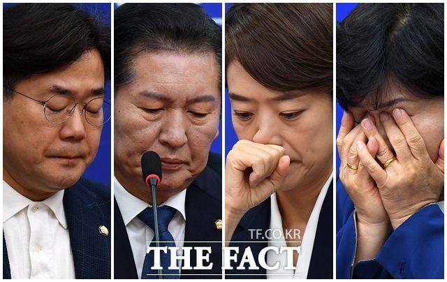 최고위원들은 이 대표 체포동의안에 찬성한 동료 의원들을 향해 '배신행위'(정청래), '동지 등에 칼 꽂기'(박찬대)라며 힐난했다. 사진은 22일 침통한 분위기의 민주당 박찬대(왼쪽부터)·정청래·고민정·서영교 최고위원. /남용희 기자