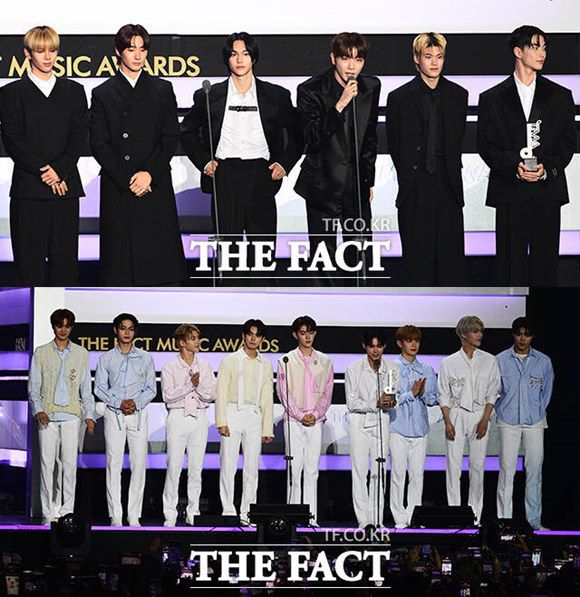 그룹 라이즈(위)와 제로베이스원이 넥스트 리더 부문에서 수상하며 당찬 행보를 보였다. /인천남동체육관=이동률 기자