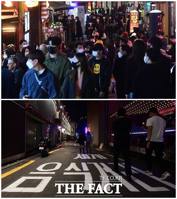 2020년 코로나19 사태 당시 핼러윈 데이를 하루 앞둔 이태원 거리(위)와 올해 핼러윈 데이를 일주일 앞둔 이태원 세계 음식거리(아래).
