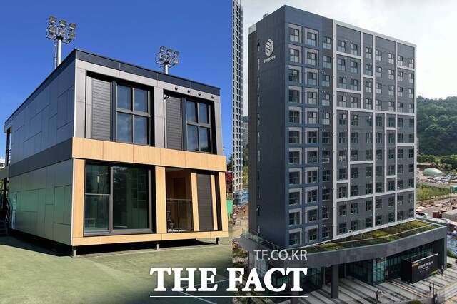 건설업계가 모듈러 공법을 활용해 다양한 주택유형을 선보이고 있다. GS건설이 용인기술연구소에 설치한 철골모듈러 샘플 주택(왼쪽)과 현대엔지니어링이 지난 6월 준공한 국내 최고층(13층) 모듈러 주택 '용인 영덕 경기행복주택' 모습. /각 사