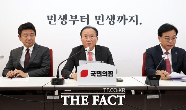 윤재옥 국민의힘 원내대표가 17일 원내대책회의에서 민주당 횡재세법과 관련해 "포퓰리즘 정책"이라고 비판했다. 지난 13일 국회에서 2024년도 예산안 심사방안 브리핑하는 윤 원내대표. /뉴시스