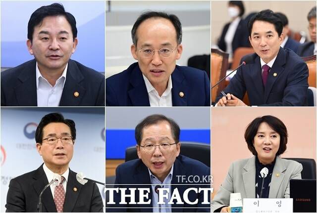 이번 개각으로 자리에서 물러나는 6명의 장관들은 모두 내년 4월 총선 출마가 전망된다. 윗줄 왼쪽부터 시계방향으로 원희룡 국토부 장관, 추경호 기재부 장관, 박민식 보훈부 장관, 이영 중기부 장관, 조승환 해수부 장관, 정황근 농식품부 장관. /임영무·이동률·이새롬 기자