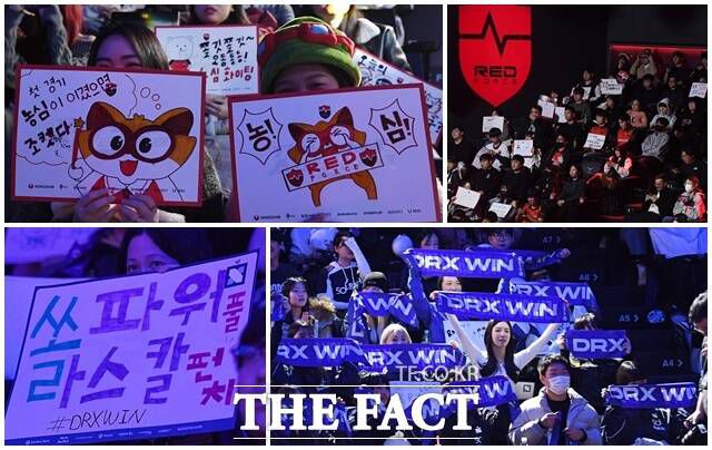 '승리를 기원하며' 손피켓 들어보이며 응원하는 농심 레드포스 팬(위)과 DRX 팬.