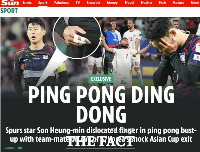 영국 대중지 '더 선'은 13일 한국축구대표팀의 손흥민과 젊은 선수들이 2023 카타르 아시안컵 전날 충돌을 빚어 손흥민의 오른 손가락이 다쳤다고 단독 보도했다. 사진은 한국선수단 내분을 다룬 '더 선'의 스포츠 섹션 톱 기사./더 선