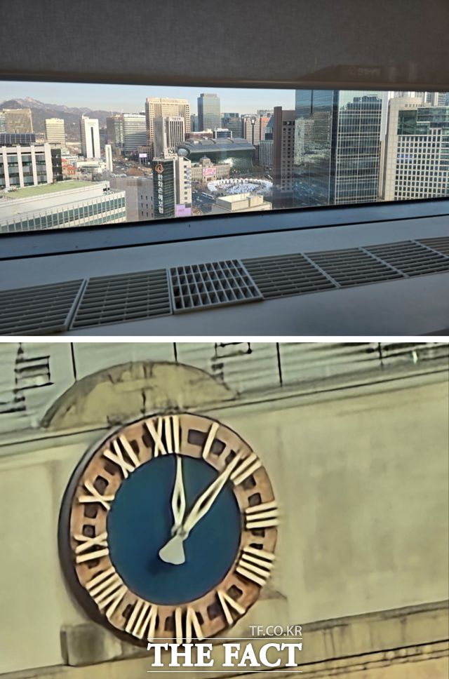 갤럭시S24 시리즈는 AI 기반의 '프로비주얼 엔진'을 탑재해 사진 품질을 높인 것이 특징이다. 사진은 서울시 중구에 위치한 삼성전자 기자실에서 갤럭시S24 울트라 모델로 약 500미터 떨어진 곳에 위치한 서울 시청의 시계를 100배줌해 촬영한 이미지. /최문정 기자