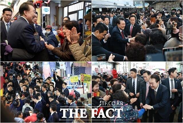 왼쪽 상단부터 시계방향으로 8일 중곡 제일시장 방문, 13일 부산 동래시장 방문, 21일 울산 신정시장 방문, 22일 마산어시장 방문. 윤 대통령은 지방 민생토론회 이후 각 지역의 대표 시장을 방문하며 시민들과 스킨십을 늘렸다. /대통령실 제공