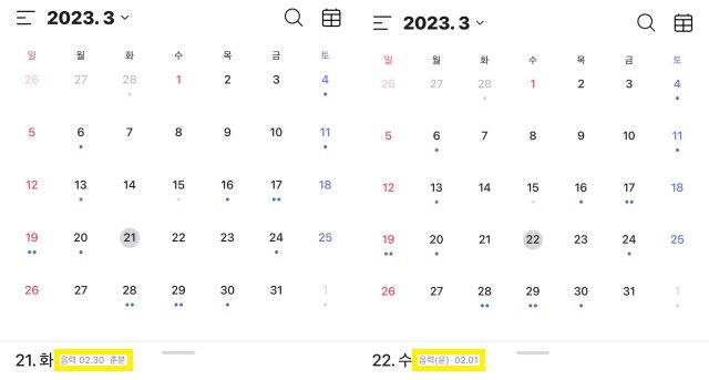 윤달이 끼어있던 지난해 양력 3월 22일은 음력(윤) 2월 1일이다. /네이버 캘린더 캡처