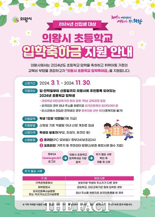 2024학년도 초등학교 입학축하금 10만원 지원 안내. /의왕시