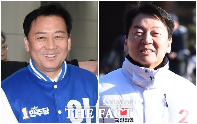 경기 성남 분당갑에서는 '원조 친노' 이광재 민주당 후보(왼쪽)과 현역 안철수 후보가 맞대결한다. /이새롬 기자