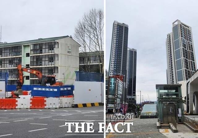 강동갑의 경우, 최근 명일·고덕·암사동 등 동네마다 대규모 아파트가 들어서며 집값이 상승하는 등의 요인으로 보수세가 강해지고 있다는 분석이 나온다. 왼쪽은 고덕동 인근 아파트 재건축 현장. 오늘쪽은 상일동 5번 출구 부근 대규모 아파트 단지. /강동=송다영 기자