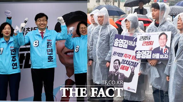 진보당도 28일 북구 양산동에서 출정식을 갖고 '진보 1석 당선'을 목표로 윤민호 후보가 출마한 광주 북구을 선거구를 전략 선거구로 지정했다. 광주 서구갑에 옥중 출마한 송영길 소나무당 대표를 대신해 부인 남영신 여사와 아들 송주환 씨가 서구 선거사무소에서 출정식을 갖고 지지를 호소했다. 사진 왼쪽부터 진보당과 소나무당. / SNS