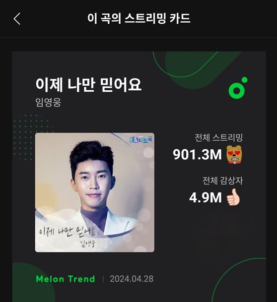 '이제 나만 믿어요' 가 국내 최대 음원사이트 멜론에서 9억 회 스트리밍을 찍었다. 임영웅의 TV조선 '미스터트롯' 진(眞) 특전곡 '이제 나만 믿어요' 피아노 버전은 원곡에 클래식과 왈츠 느낌을 더해 깊은 감성을 자아낸다. /영웅시대