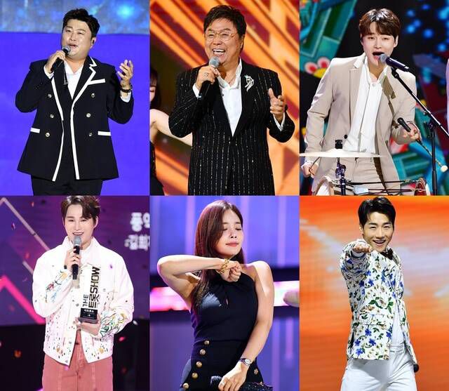 '더트롯쇼'는 김호중 남진 박서진 박군 조정민 김희재(왼쪽 위부터 시계 방향) 등 수많은 트로트 스타들이 무대에 섰고 다양한 볼거리를 제공하고 있다. /SBS 미디어넷