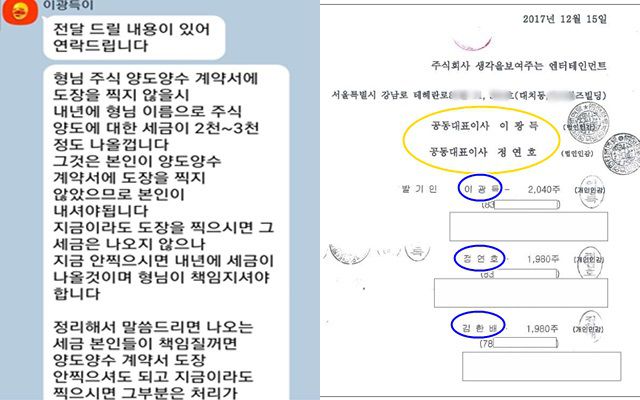 김한배는 "이광득 대표가 저와 정연호에게 '주식 명의 신탁이 해지돼 제3자에게 양도한 것으로 신고됐다'면서 주식양수도계약서에 도장을 찍으라고 강요했다"고 밝혔다. 생각엔터테인먼트는 2017년 12월 설립 당시 자본금 3000만원에 주식 6000주를 발행했다. 이광득 대표가 2040주(34%) 정연호와 김한배가 각각 1980주(33%)를 보유했던 것으로 확인됐다. /김한배 제공