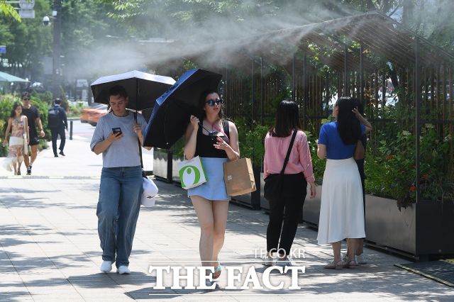 서울지역 낮 최고기온이 35도를 기록한 지난 6월 19일 오후 서울 중구 서울시청 인근에 설치된 '쿨링포그'가 더위를 식히고 있다. /장윤석 기자