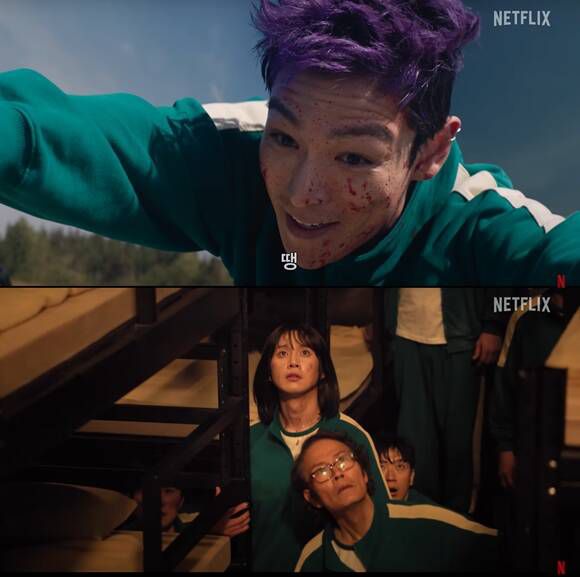 '오징어 게임2'에 출연한 배우 탑(위)은 부족한 연기력으로, 배우 박성훈은 개인 SNS에 '오징어 게임'을 패러디한 AV 표지를 업로드해 시청자들의 뭇매를 맞았다. /유튜브 영상 캡처