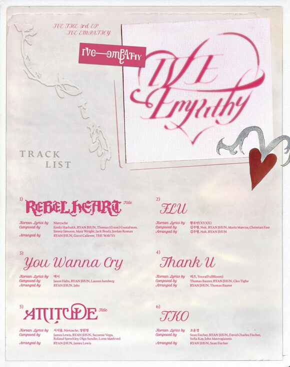 아이브는 오는 2월 3일 세 번째 미니 앨범 'IVE EMPATHY'를 발매한다. 여전히 '나 자신'에 대해 이야기하면서도 보다 성숙해진 관점으로 감성적인 호기심을 자극, 무한히 확장되는 '아이브의 뉴 스타일'을 보여줄 전망이다. 사진은 트랙리스트. /스타쉽엔터